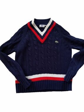 Vintage Lacoste Navy Cable Knit Sweater with Red & White Stripes L